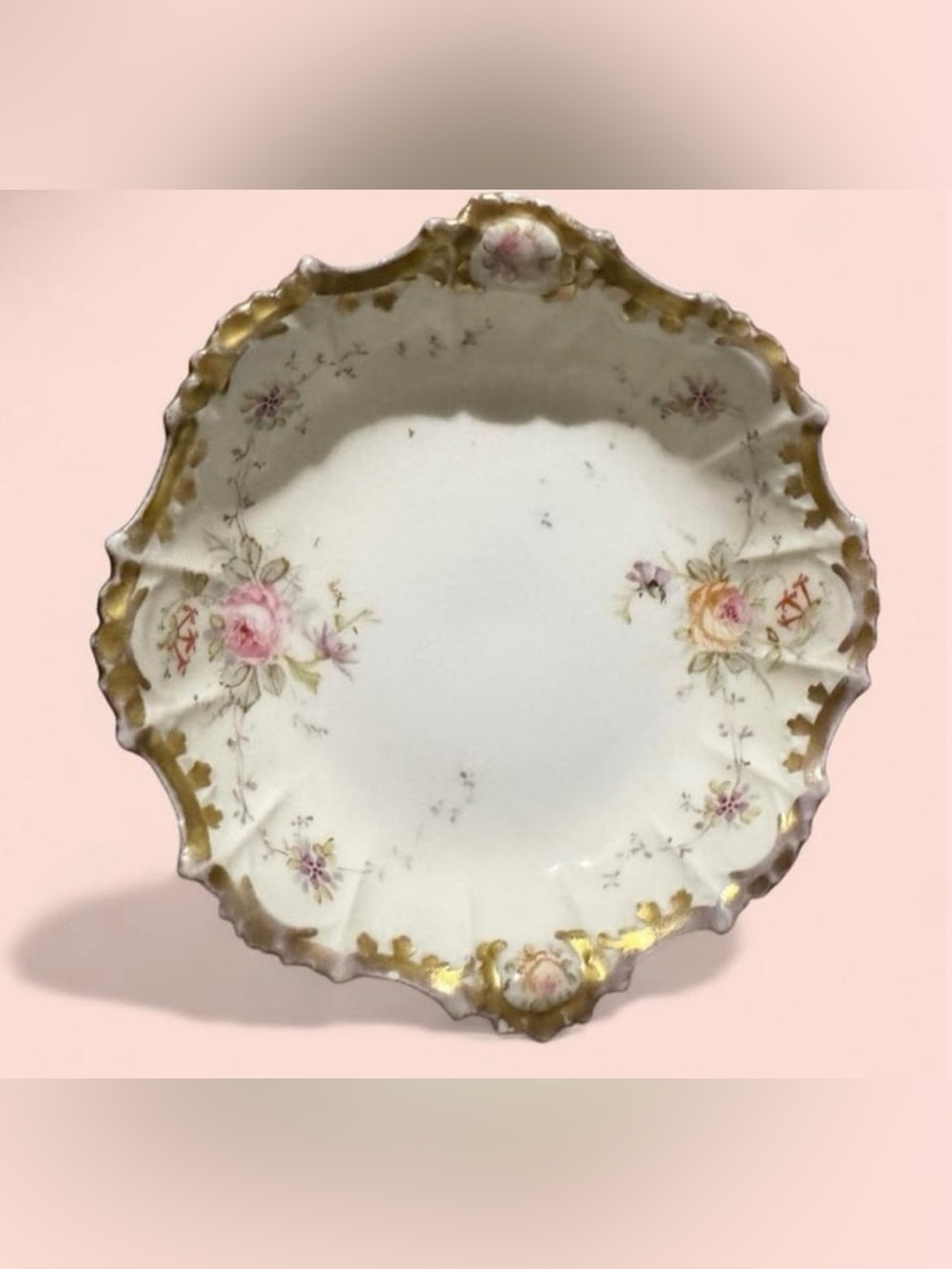 Victorian-Style Floral Porcelain Bowl with Gilded Trim